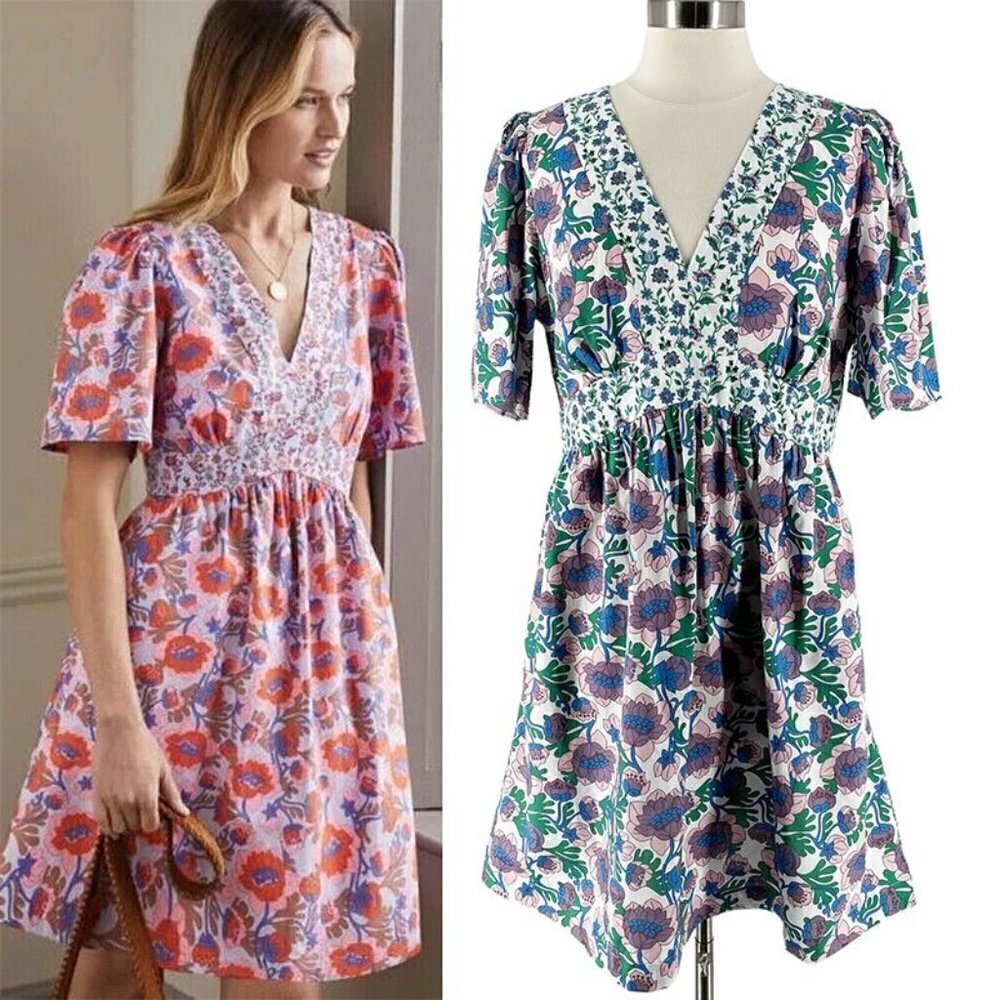 Boden NWT Terrace Bud Purple Floral Print V-Neck Contrast Detail Dress US10R